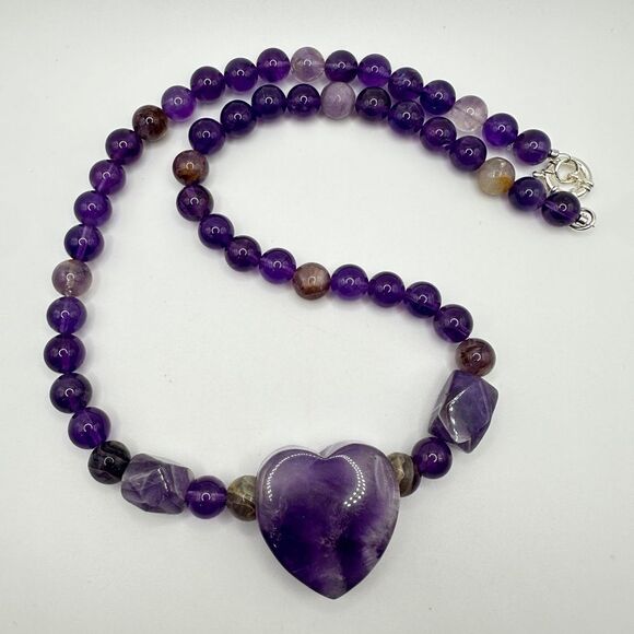 22" of ALL types of Amethyst beads, massive heart pendant necklace, 925 clasp! - Picture 6 of 15